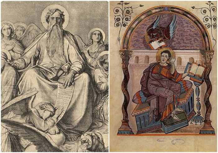 Слева направо: «Евангелист Марк» (эскиз для Исаакиевского собора 1840-х гг.), Фёдор Антонович Бруни. \ Евангелист Марк (миниатюра Codex Aureus, 778—820 гг.).