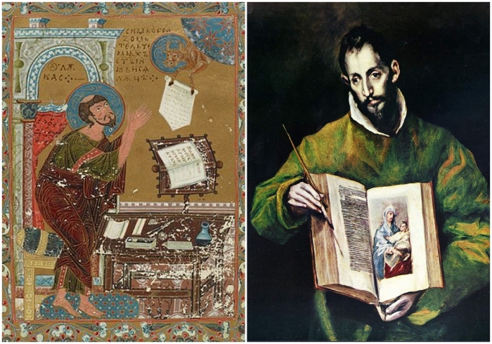Слева направо: Евангелист Лука и его символ, телец, на странице Остромирова евангелия. \ Евангелист Лука, Эль Греко.