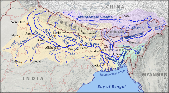 Карта объединённых водосборных бассейнов Ганга (жёлтый), Брахмапутры (фиолетовый) и Мегхны (зелёный). \ Фото: viralfactsindia.com.