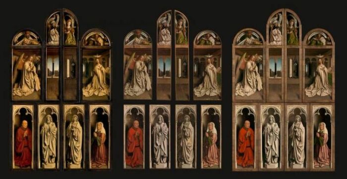 Гентский алтарь (закрытые створки). Слева направо: До, во время и после реставрации, Ян ван Эйк, 1432 год. \ Фото: pinterest.ru.
