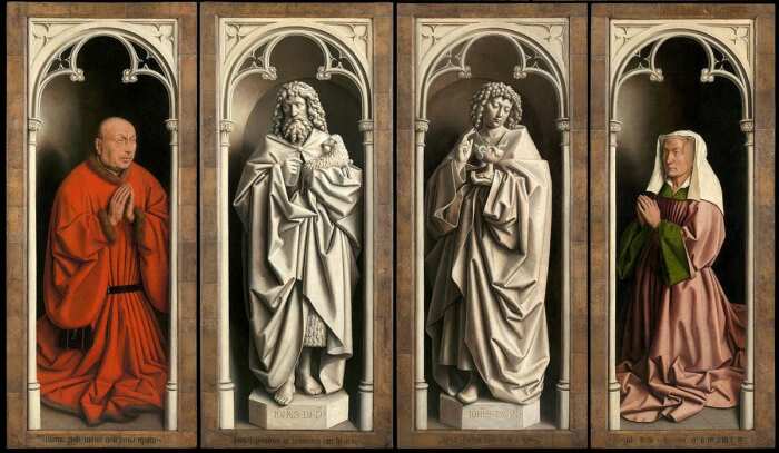 Детали: Портреты  доноров и статуи в технике гризайль, Гентский алтарь (закрытые створки), Ян ван Эйк, 1432 год. \ Фото: diogenpro.com.