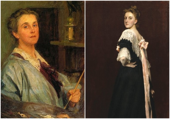 Слева направо: Эммет Лидия, (Автопортрет), 1912 год. \ Портрет Лидии Эммет работы Уильяма Чейза.