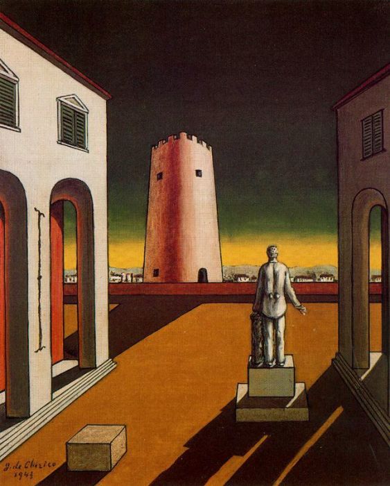 Пьяцца д'Италия с красной башней, 1943 год. Автор: Giorgio de Chirico.