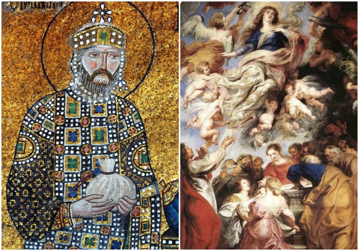 Слева направо: Византийский император Константин IX Мономах, из собора Святой Софии, Стамбул, XII век. \ Успение Девы Марии, Питер Пауль Рубенс, середина 1620-х годов.