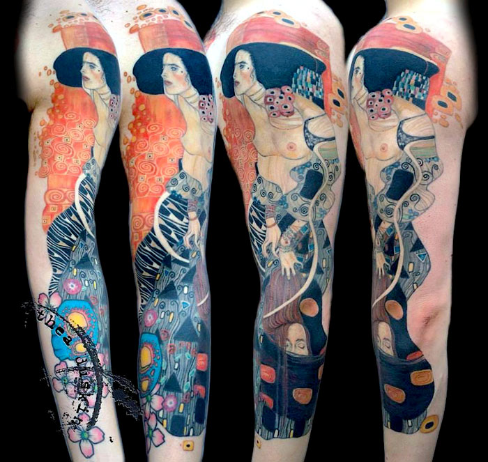 Красочные татуировки по мотивам картин Густава Климта.  Автор: Thea Duskin.