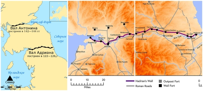 Слева направо: Карта стены Антонина и стены Адриана. \ Карта стены Адриана.