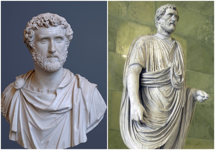 Слева направо: Тит Аврелий Фульв Бойоний Аррий Антонин Пий. \ Мраморная статуя Антонина Пия (Эрмитаж).