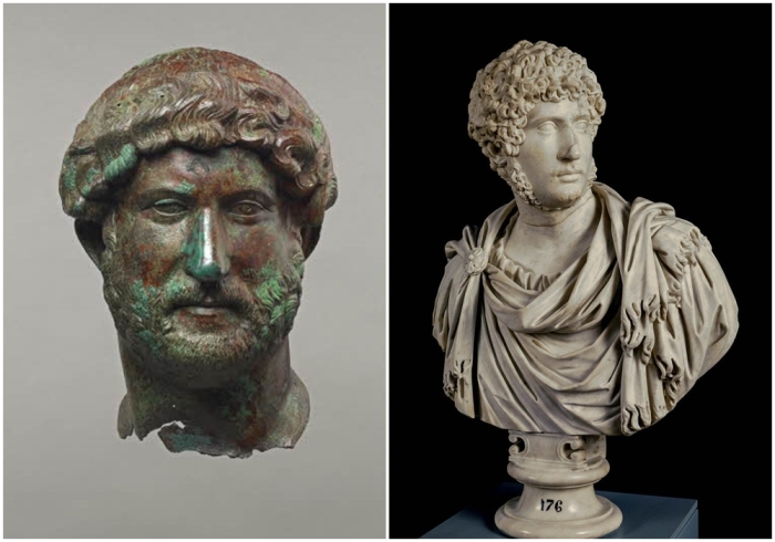 Слева направо: Голова  Адриана. \ Мраморный портретный бюст императора Адриана, изображённый в идеализированном образе молодого героя, возможно, Ромула, основателя Рима, около 136 года н.э.