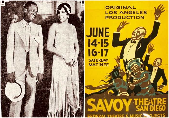 Слева направо: Мультиталантливые Аделаида Холл и Билл Боджанглз Робинсон в музыкальной комедии «Коричневые приятели на Бродвее», 1930 год. \ Плакат мюзикла Run, Little Chillun.