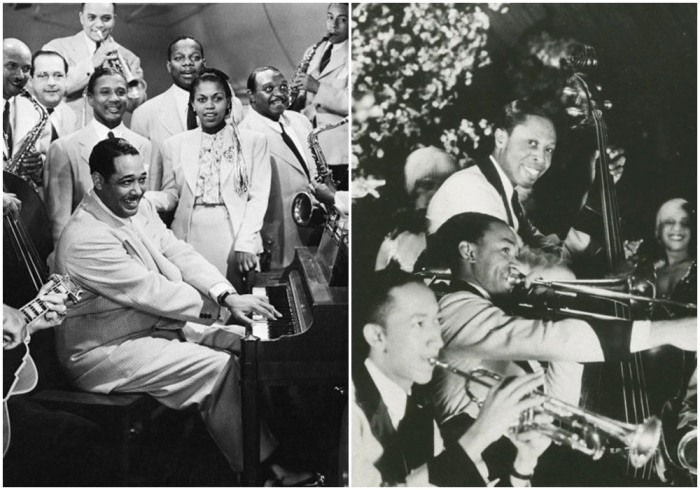 Слева направо: Джазовый музыкант и дирижёр оркестра Дюк Эллингтон играет на фортепиано с другими джазовыми музыкантами. \ Группа джазовых участников, дирижируемая Кэбом Кэллоуэй.