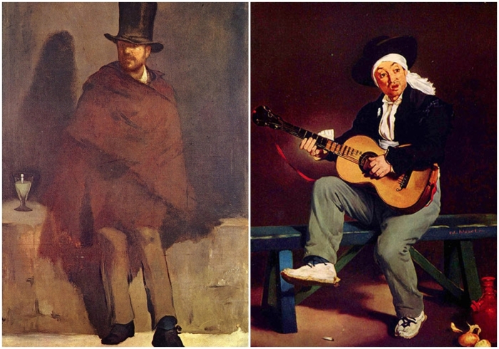 Слева направо: «Любитель абсента», Эдуард Мане, 1858-1859 годы, Новая глиптотека Карлсберга. \ Испанский гитарист (Гитарреро), Эдуард Мане год, 1860 год, Музей Метрополитен, Нью-Йорк.