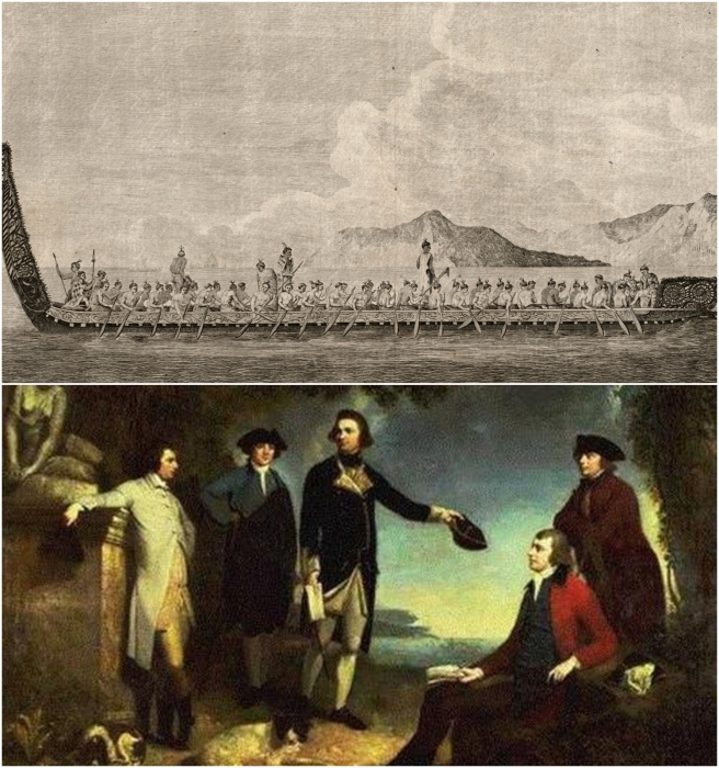 Сверху вниз: Изображение новозеландской пироги из журнала Кука, 1769 год, автор неизвестен. \ Слева направо: Дэниэль Соландер, Джозеф Банкс, Джеймс Кук, Джон Хоксфорд и лорд Сэндвич, художник Джон Гамильтон Мортимер, 1771 год.