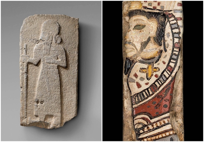 Слева направо: Рельеф, изображающий бородатую фигуру с посохом, начало первого тысячелетия до н. э. \ Египетская плитка с хеттским вождём, около 1184-1154 гг. до н. э.