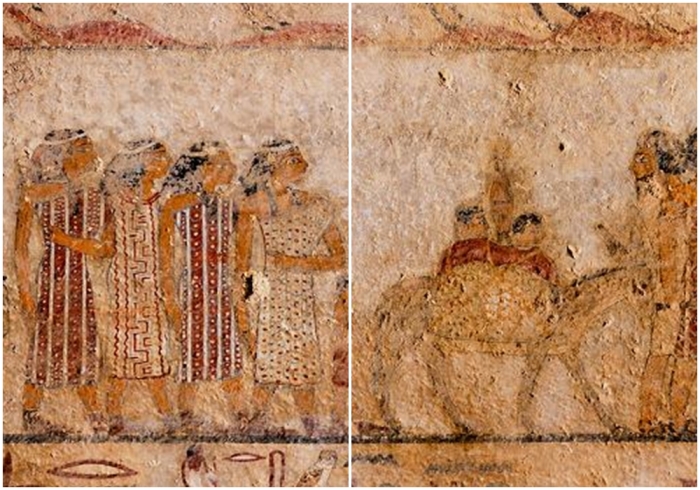 Изображения охотников-гиксосов из процессии Ааму в гробнице Хнумхотепа II в Бени Хасане, около 1890 года до нашей эры.