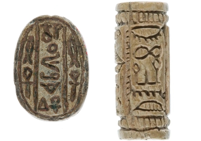 Слева направо: Скарабей с выгравированным на нем именем гиксосского царя Шеша, около 1700 года до н.э. \ Цилиндрическая печать с изображением головы сокола, 15-16-я династии.