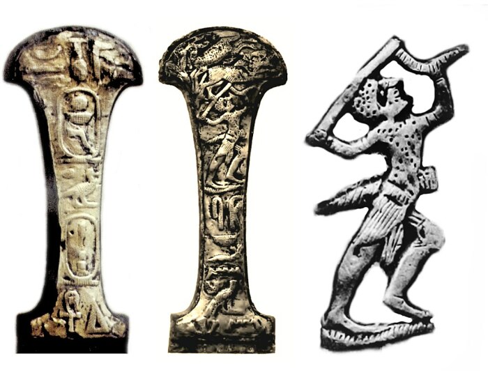 Рукоятка кинжала из электрума солдата гиксосского фараона Апепи, иллюстрирующая охоту солдата с коротким луком и мечом. \ Фото: bing.com.