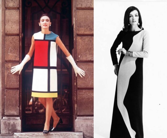 Слева направо: Коктейльное платье - дань уважения Питу Мондриану, 1965 год. \ Вечернее платье - дань уважения Тому Вессельману, 1966 год. \ Фото: vk.com.