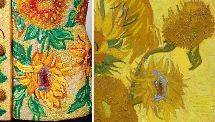 Слева направо: Фрагмент куртки в стиле Ван Гога, 1988 год. \ Знаменитые Подсолнухи Ван Гога, 1889 год. \ Фото: zhuanlan.zhihu.com.