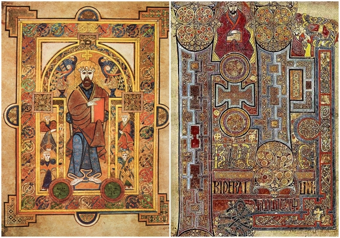 Слева направо: Келлская книга, Христос воссел на троне. \ Келлская книга, около 800 года, с богато украшенным текстом, открывающим Евангелие от Иоанна.
