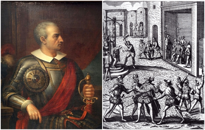 Слева направо: Диего де Альмагро. \ Захват, суд и казнь Диего де Альмагро 8 июля 1538 года.