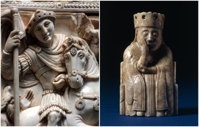 Слева направо: Диптих Барберини (ок.500-550), деталь центральной панели, изображающая торжествующего императора. \ Крупный план статуэтки королевы XII века, известной как Шахматные фигуры Льюиса.