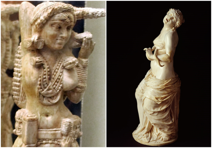 Слева направо: Статуэтка Лакшми из слоновой кости. \ Статуэтка Клеопатры из слоновой кости.