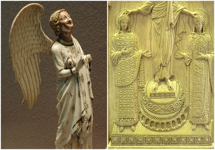 Слева направо: Резная фигурка ангела. \ Резное рельефное панно из слоновой кости из Византийской империи (фрагмент).