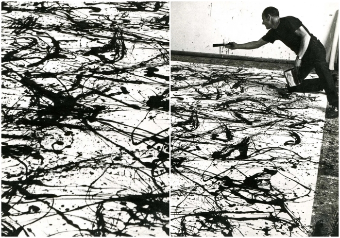 Джексон Поллок рисует в своей студии на Лонг-Айленде.