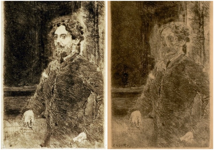 Слева направо: Автопортрет, Джеймс Энсор, 1889 год. \ Автопортрет в виде скелета, Джеймс Энсор, 1889 год.