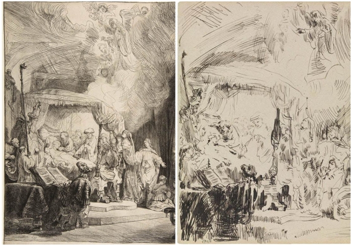 Слева направо: Смерть Девы Марии, Рембрандт ван Рейн, 1639 год. \ Смерть Марии, Джеймс Энсор, 1885 год.