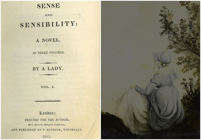 Слева направо: Титульный лист первого издания из Смысла и чувствительности, первого опубликованного романа Джейн Остин, 1811 год. \ Акварель Джейн Остин, написанная её сестрой Кассандрой, 1804 год.