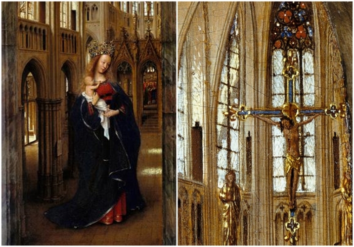 Слева направо:<br>Мадонна в церкви, Ян ван Эйк. \ Витраж на дальнем плане картины.