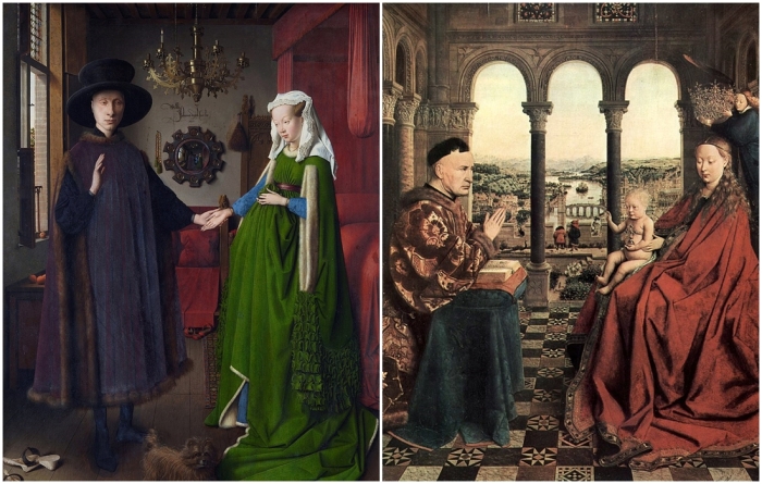 Слева направо: Портрет четы Арнольфини, Ян ван Эйк, 1434 год, Национальная галерея. \ Мадонна канцлера Ролена, Ян ван Эйк, 1435 год, Лувр, Париж.
