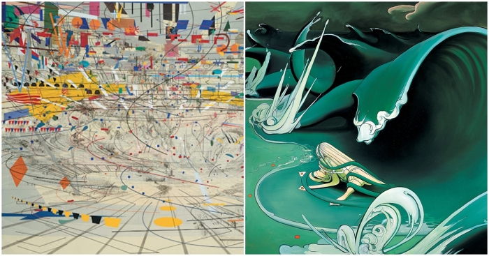 Слева направо: Картина Джули Мерету. \ Зелёные волны, Инки Эссенхай.