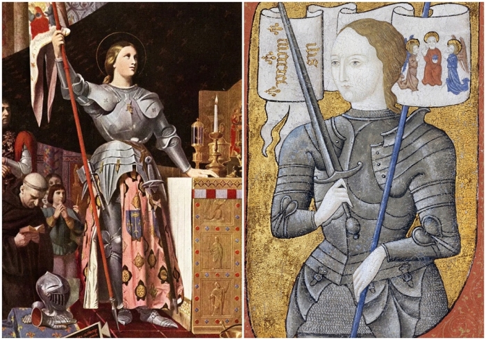 Слева направо: Жанна дАрк, Орлеанская дева — национальная героиня Франции, одна из командующих французскими войсками в Столетней войне. \ Жанна дАрк, миниатюра второй половины XIX-XX века.