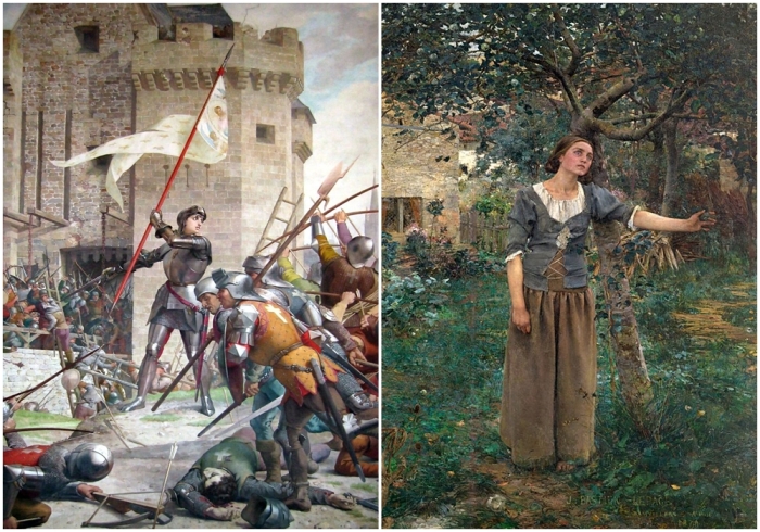 Слева направо: Жанна дАрк при осаде Орлеана, Жюль Эжен Леневё (1819-1898 годы). \ Жюль Бастьен-Лепаж «Видение Жанны дАрк» (1879 год).