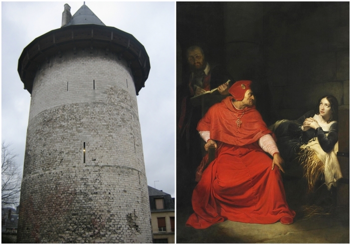 Слева направо: Башня в Руане, где Жанну допросили 9 мая 1431 года. \ Поль Деларош «Допрос Жанны кардиналом Винчестера» (1824 год).
