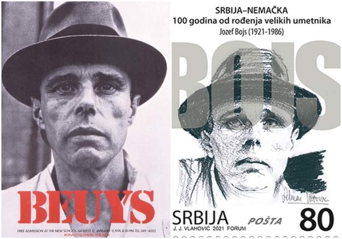 Слева направо: Офсетный плакат к серии лекций Джозефа Бойса Энергетический план для западного человека, 1974 год. \ Бойс на марке Сербии 2021 года.