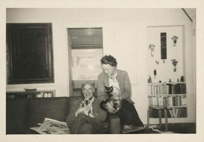Фотография Кей Сейдж и Ива Танги с кошками, 1950 год. \ Фото: blogspot.com.