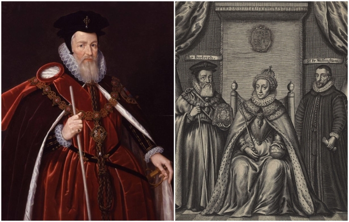 Слева направо: Уильям Сесил. \ Гравюра с изображением королевы Елизаветы I, Уильяма Сесила и сэра Фрэнсиса Уолсингема, Уильям Фейторн, 1655 год.