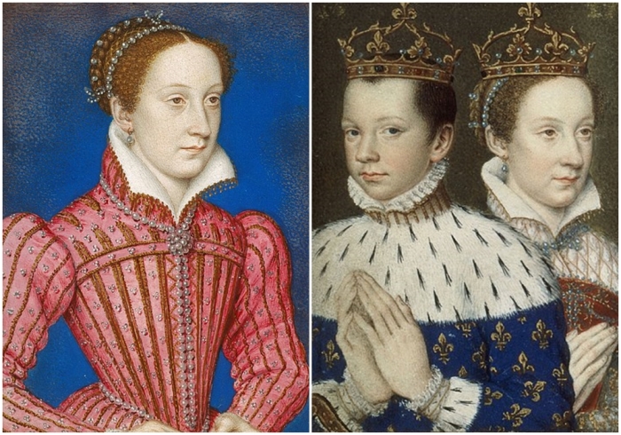 Слева направо: Королева Мария, портрет Франсуа Клуэ, ок. 1558-1560 гг. \ Мария и Франциск в часослове Екатерины Медичи, около 1574 года, Национальная библиотека Франции, Париж.
