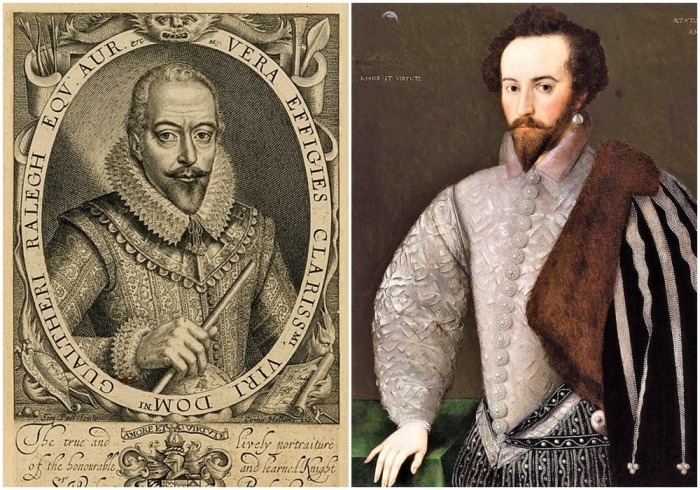 Слева направо: Гравированный портрет Уолтера Рэли. \ Сэр Уолтер Рэли в 1588 году.