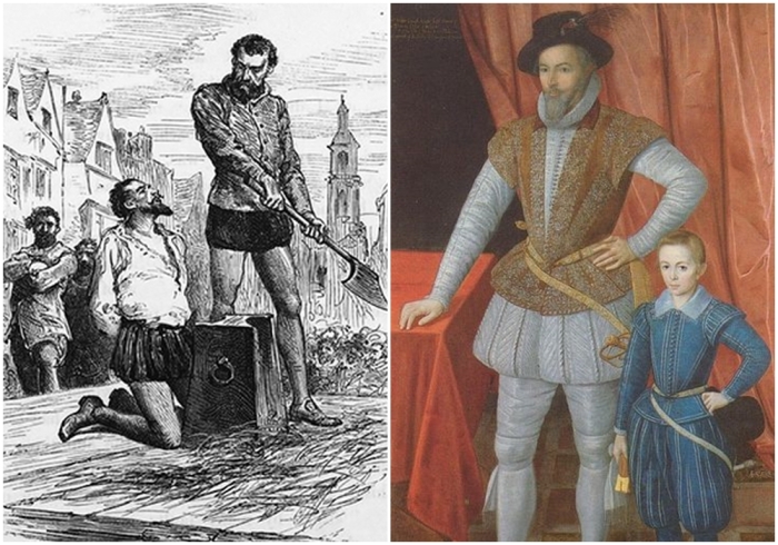 Слева направо:  Уолтер Рэли незадолго до того, как его обезглавили, иллюстрация примерно 1860 года. \ Рэли и его сын Уолтер в 1602 году.