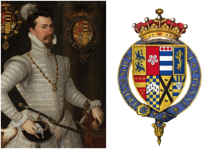 Слева направо: Роберт Дадли, граф Лестер, ок. 1564 года. \ Четвертованный герб Роберта Дадли, графа Лестера.