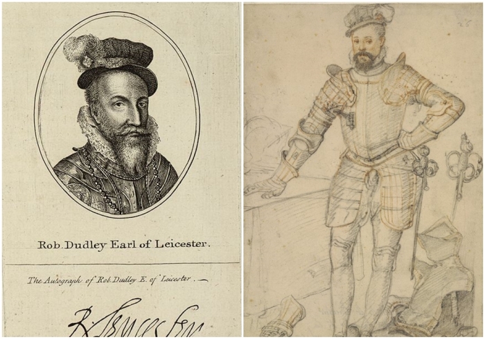 Слева направо: Граф Лестер, копия его портрета и автографа XVIII века. \ Роберт Дадли, частично одетый в доспехи, 1575 год.