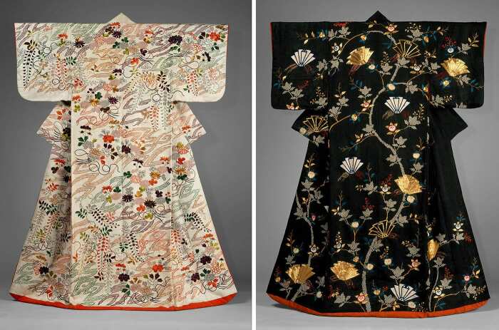 Слева направо: Верхняя одежда (учикаке) с букетами хризантем и глициний.  Верхняя одежда (учикаке) со сложенными из бумаги бабочками.  Фото: twitter.com.