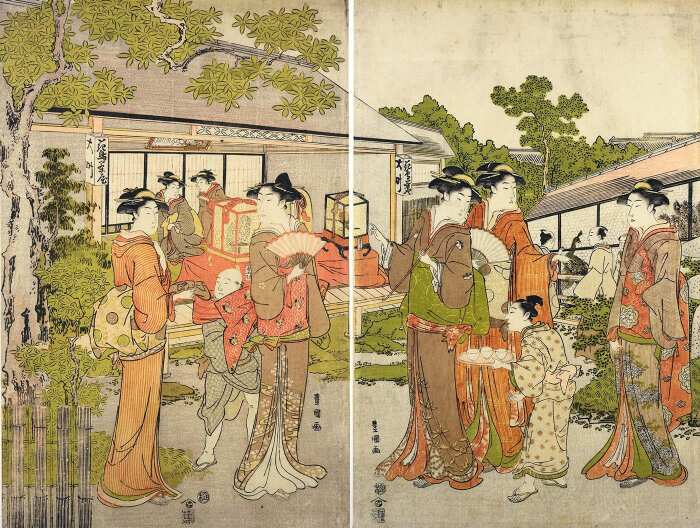 Женщины, прогуливающиеся в саду чайного домика в Эдо, Утагава Тоёкуни , 1795-1800 гг. \ Фото: pinterest.ru.