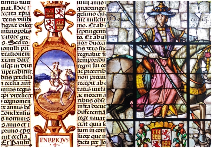Слева направо: Изображение Энрике IV в «Libro de la Genealogia de los reyes», Алонсо де Картахена, 1463 год. \ Энрике IV на витраже в Алькасаре, Сеговия.