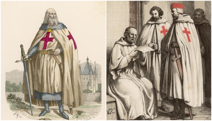 Слева направо: Жак де Моле, великий магистр ордена тамплиеров. \ Опознавательным знаком тамплиеров был белый плащ с красным крестом.