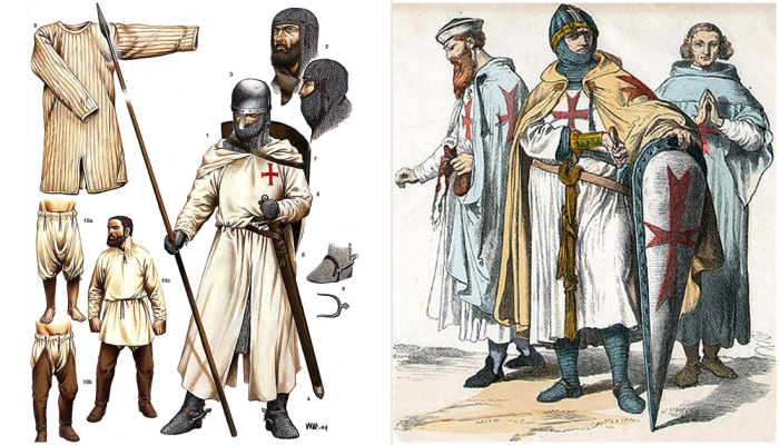 Слева направо: Снаряжение рыцарей тамплиеров. \ Рыцари тамплиеры.